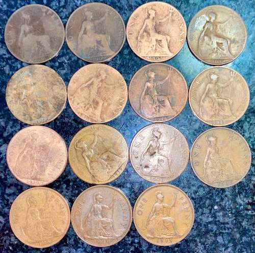 GREAT BRITAIN SET 1 PENNY`S 1900,02,03,07,2X1913, 16,17, 2X1919, 27,35,38,40 & 1945(1 BID TAKES ALL)