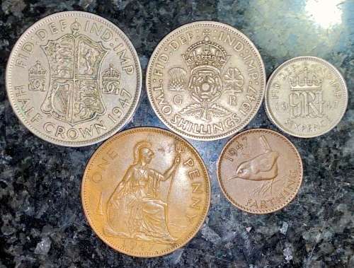 GREAT BRITAIN SET 2 1/2 SHILLING,2 SHILLING, 6 PENCE,  1 PENNY & 1/4 FARTHING 1947 (1 BID TAKES ALL)