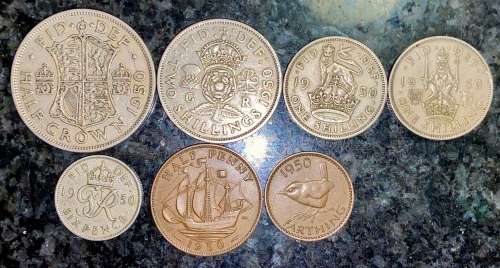 GREAT BRITAIN SET 2 1/2 SHILLING, 2 SHILL,2XDIFF SHILLING, 6 PENCE,1/2P & 1/4P 1950(1 BID TAKES ALL