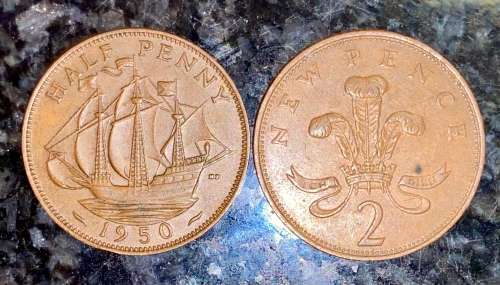 GREAT BRITAIN SET 1/2 PENNY 1950 & 2 PENCE 1971 (1 BID TAKES ALL)