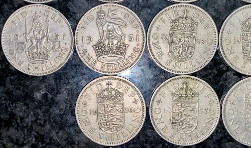 GREAT BRITAIN SET 1 SHILLING BOTH VAR 1947 X2, 48 BOTH,49, 51 BOTH, 54,55,56,57 & 1962(1 BID TAKE AL