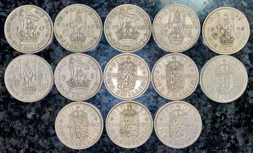 GREAT BRITAIN SET 1 SHILLING BOTH VAR 1947 X2, 48 BOTH,49, 51 BOTH, 54,55,56,57 & 1962(1 BID TAKE AL