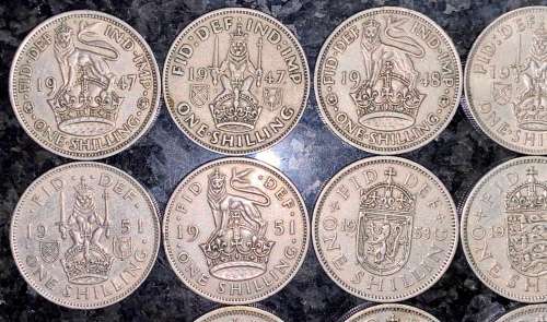GREAT BRITAIN SET 1 SHILLING BOTH VAR 1947 X2, 48 BOTH,49, 51 BOTH, 54,55,56,57 & 1962(1 BID TAKE AL