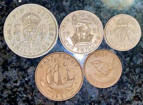 GREAT BRITAIN SET  2 SHILLING, 1 SHILLING, 6 PENCE, 1/2P & 1/4P 1951 (1 BID TAKES ALL)