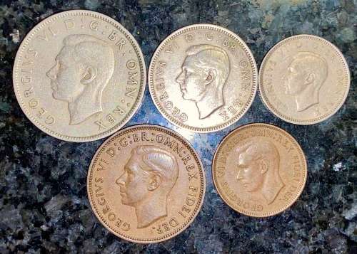 GREAT BRITAIN SET  2 SHILLING, 1 SHILLING, 6 PENCE, 1/2P & 1/4P 1951 (1 BID TAKES ALL)