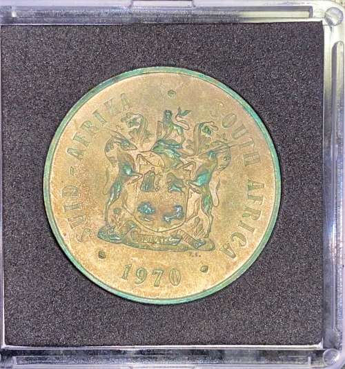 SOUTH AFRICA  SILVER R1 -- 1970 -- UNC-  LOVELY TONING - SOLI DEO GLORIA  -- COMES IN CAPSULE