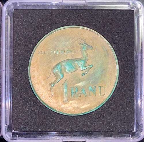 SOUTH AFRICA  SILVER R1 -- 1970 -- UNC-  LOVELY TONING - SOLI DEO GLORIA  -- COMES IN CAPSULE