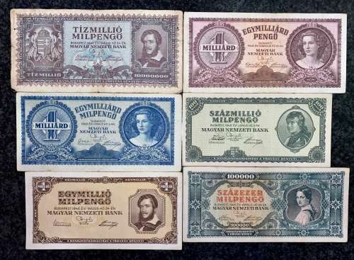 HUNGARY SET  2 DIFFERENT 1 BILLION PENGOS,100 MILL PEN, 10 MILL PEN,1 MIL PEN & 100,000 PENGO 1946