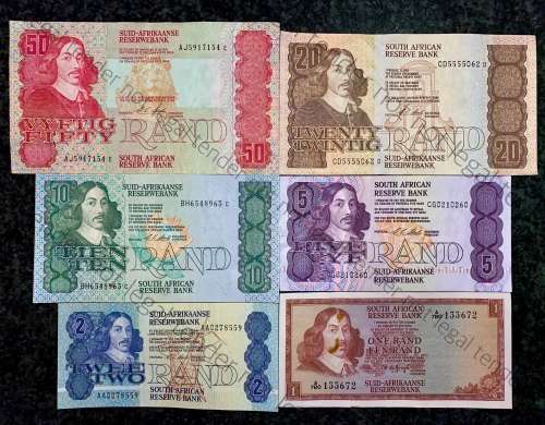 COMPLETE SET OF CL STALS & DECIMALS  R50 TO R2 AA --1990 [R1 T.W DE JONGH 1967] HIGHER GRADE NOTES