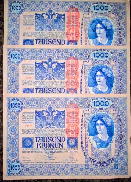 AUSTRIA 1000 KRONEN IN SEQUENCE 28930-932--STAMPED DEUTSCHES REICH--1902 BIG NOTES(1 BID TAKES ALL)