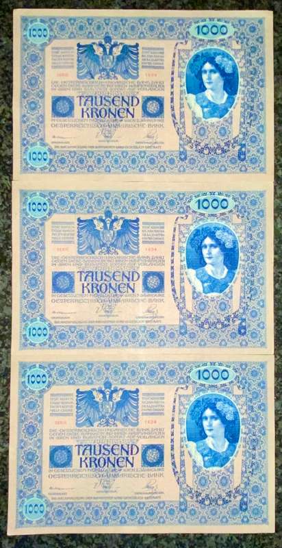 AUSTRIA 1000 KRONEN IN SEQUENCE 28930-932--STAMPED DEUTSCHES REICH--1902 BIG NOTES(1 BID TAKES ALL)