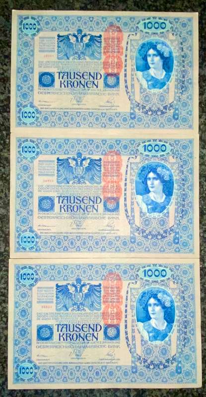 AUSTRIA 1000 KRONEN IN SEQUENCE 28930-932--STAMPED DEUTSCHES REICH--1902 BIG NOTES(1 BID TAKES ALL)