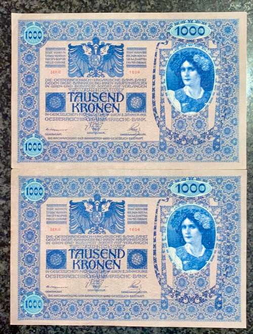 AUSTRIA 1000 KRONEN IN SEQUENCE 28990-991--STAMPED DEUTSCHES REICH--1902 BIG NOTES(1 BID TAKES ALL)