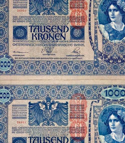 AUSTRIA 1000 KRONEN IN SEQUENCE 28990-991--STAMPED DEUTSCHES REICH--1902 BIG NOTES(1 BID TAKES ALL)