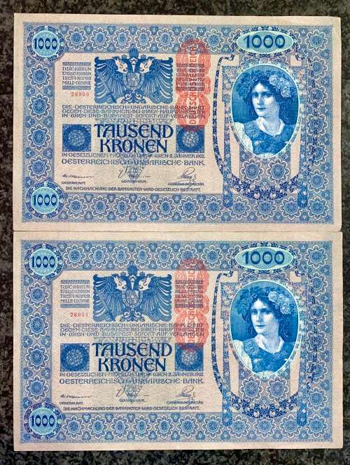 AUSTRIA 1000 KRONEN IN SEQUENCE 28990-991--STAMPED DEUTSCHES REICH--1902 BIG NOTES(1 BID TAKES ALL)