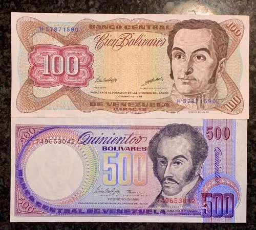 VENEZUELA 500 BOLIVARES & 100 BOLIVARES 1998 UNC (1 BID TAKES ALL)