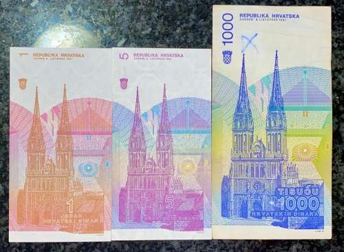 CROATIA SET 1000 DINARA, 5 DINARA & 1 DINARA 1991 (1 BID TAKES ALL)