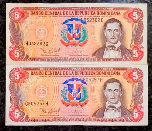 DOMINICAN REPUBLIC 5 PESO TWO DIFFERENT SIGNATURES EF 1996 & 1997(1 BID TAKES ALL)