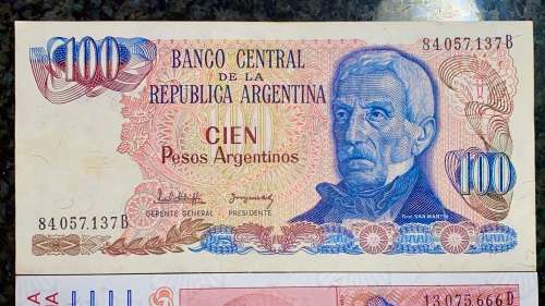 ARGENTINA SET  100 PESOS 1983 & 100 AUSTRALES 1985 UNC(1 BID TAKES ALL)