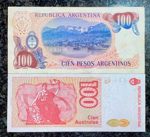ARGENTINA SET  100 PESOS 1983 & 100 AUSTRALES 1985 UNC(1 BID TAKES ALL)