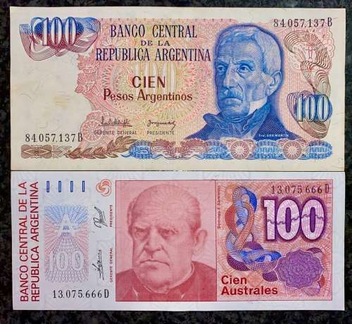 ARGENTINA SET  100 PESOS 1983 & 100 AUSTRALES 1985 UNC(1 BID TAKES ALL)
