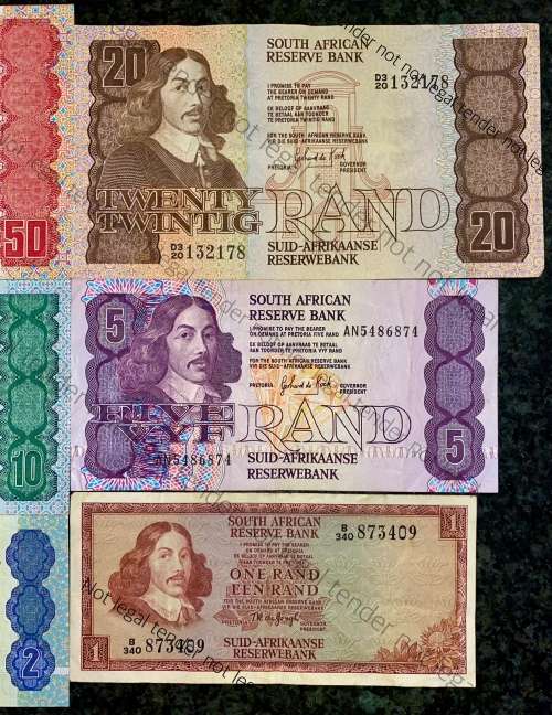 COMPLETE SET OF GPC DE KOCK & DECIMALS R50 TO R2 - 1980s UNC-EF+(R1 TW DE JONGH VF)(1 BID TAKES ALL