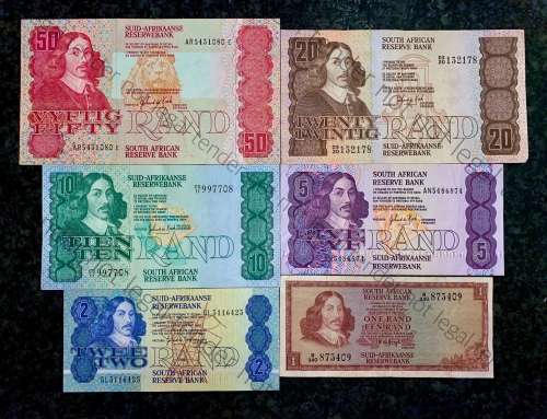 COMPLETE SET OF GPC DE KOCK & DECIMALS R50 TO R2 - 1980s UNC-EF+(R1 TW DE JONGH VF)(1 BID TAKES ALL