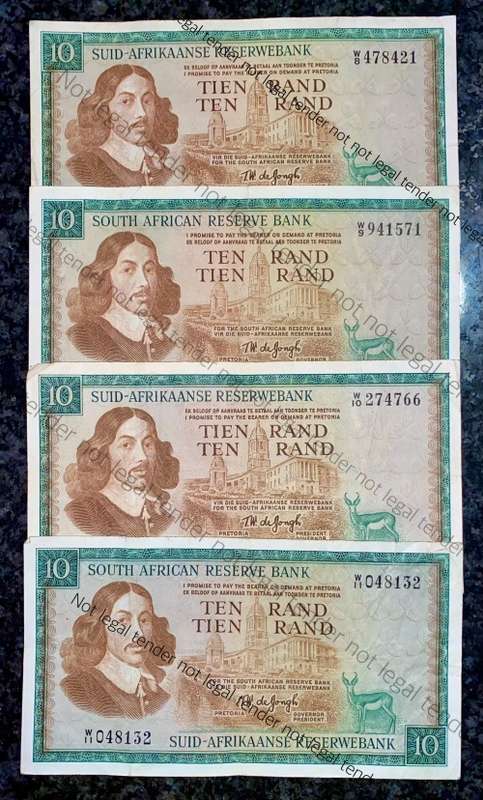 REPLACEMENT NOTE SET TW DE JONGH R10 W8, W9, W10 & W11 SPRINGBUCK WTM 1ST ISSUE 1967