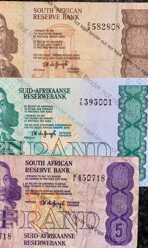 REPLACEMENT NOTE SET TW DE JONGH R20 -Z2 ,R10 -Y5 IS UNC &  R5 -X1 --4TH ISSUE 1978(1 BID TAKES ALL)