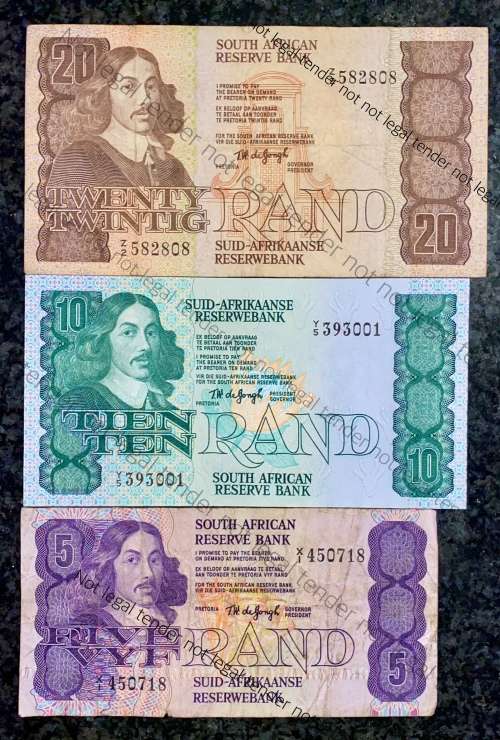 REPLACEMENT NOTE SET TW DE JONGH R20 -Z2 ,R10 -Y5 IS UNC &  R5 -X1 --4TH ISSUE 1978(1 BID TAKES ALL)
