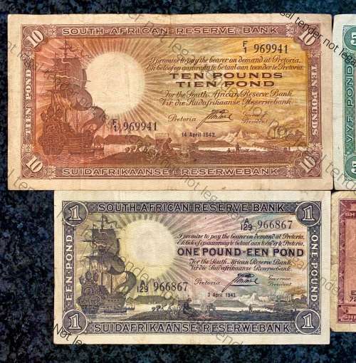 J POSTMUS SET 10 POUND F1 -1943 ,5 POUND B21 -1942 ,1 POUND 1943 & 10 SHILLINGS E72 -1945 ALL E/A