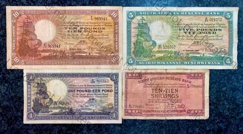 J POSTMUS SET 10 POUND F1 -1943 ,5 POUND B21 -1942 ,1 POUND 1943 & 10 SHILLINGS E72 -1945 ALL E/A