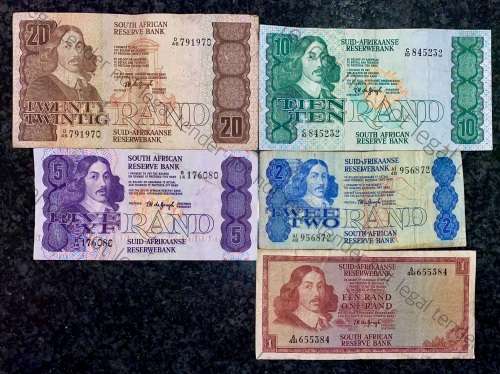COMPLETE SET OF TW DE JONGH & DECIMALS R20 TO R2,,,1978---4TH ISSUE & R1 -1967 ( 1 BID TAKES ALL)