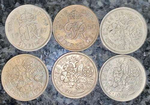 GREAT BRITAIN SET SIX PENCE 1947,1950,1953,1955,1964 & 1967  ( 1 BID TAKES ALL)