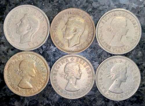 GREAT BRITAIN SET SIX PENCE 1947,1950,1953,1955,1964 & 1967  ( 1 BID TAKES ALL)