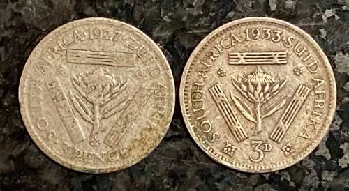 S A UNION SILVER SET 3D THREEPENCE 1927 & 1933 -- 80% SILVER(1 BID TAKES ALL)