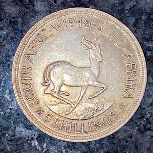 S A UNION SILVER 5 SHILLINGS 1948 CROWN SILVER 80%