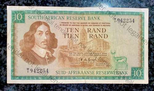 REPLACEMENT NOTE TW DE JONGH R10 -- W1 -- SPRINGBUCK WTM 1ST ISSUE 1967