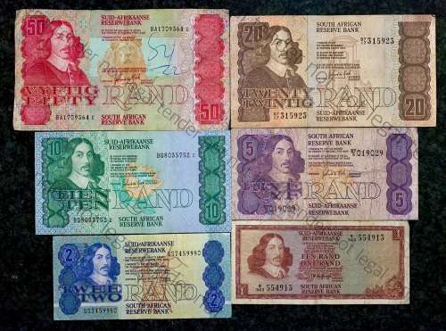 COMPLETE SET OF GPC DE KOCK & DECIMALS  R50 TO R2,,,1980s (R1 TW DE JONGH 1975)- (1 BID TAKES ALL)