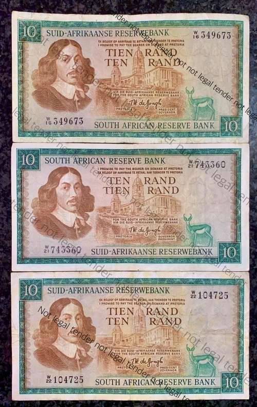 REPLACEMENT NOTES SET TW DE JONGH R10 - W16, W21 & W22 VAN RIEBEECK WTM 3RD ISSUE 1976