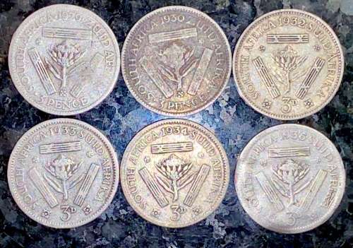 S A UNION SILVER SET 3D THREEPENCE 1929,1930,1932,1933,1934 & 1936 -- 80% SILVER(1 BID TAKES ALL)