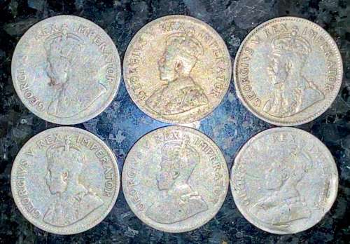 S A UNION SILVER SET 3D THREEPENCE 1929,1930,1932,1933,1934 & 1936 -- 80% SILVER(1 BID TAKES ALL)