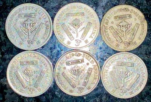 S A UNION SILVER SET 3D THREEPENCE 1937,1939,1940,1942,1943 & 1945 -- 80% SILVER(1 BID TAKES ALL)