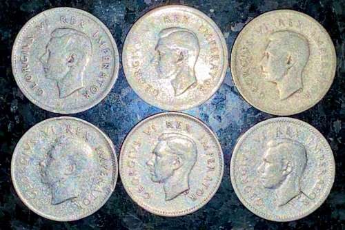 S A UNION SILVER SET 3D THREEPENCE 1937,1939,1940,1942,1943 & 1945 -- 80% SILVER(1 BID TAKES ALL)