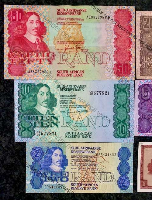 COMPLETE SET OF GPC DE KOCK & DECIMALS  R50 TO R2,,,1980s (R1 TW DE JONGH 1975)- (1 BID TAKES ALL)