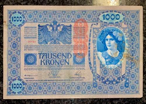 AUSTRIA 1000 KRONEN -- LOW NUMBER 00164 -- STAMPED DEUTSCHES REICH--1902 BIG NOTE