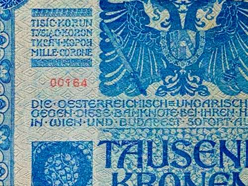 AUSTRIA 1000 KRONEN -- LOW NUMBER 00164 -- STAMPED DEUTSCHES REICH--1902 BIG NOTE