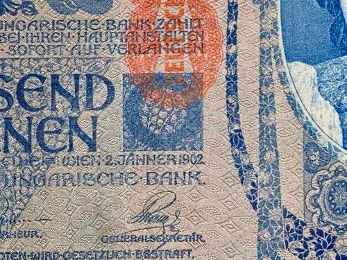 AUSTRIA 1000 KRONEN -- LOW NUMBER 00164 -- STAMPED DEUTSCHES REICH--1902 BIG NOTE