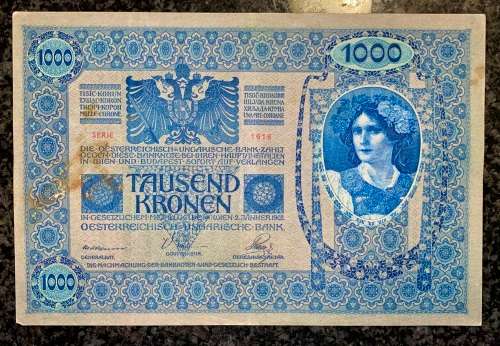 AUSTRIA 1000 KRONEN -- LOW NUMBER 00164 -- STAMPED DEUTSCHES REICH--1902 BIG NOTE
