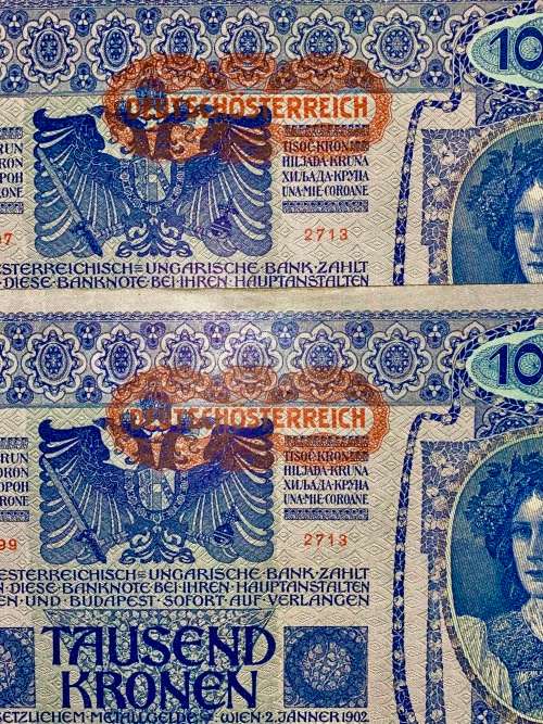 AUSTRIA 1000 KRONEN -- CLOSE IN SEQUENCE 37197 & 37199 -- STAMPED DEUTSCHES REICH--1902 BIG NOTE